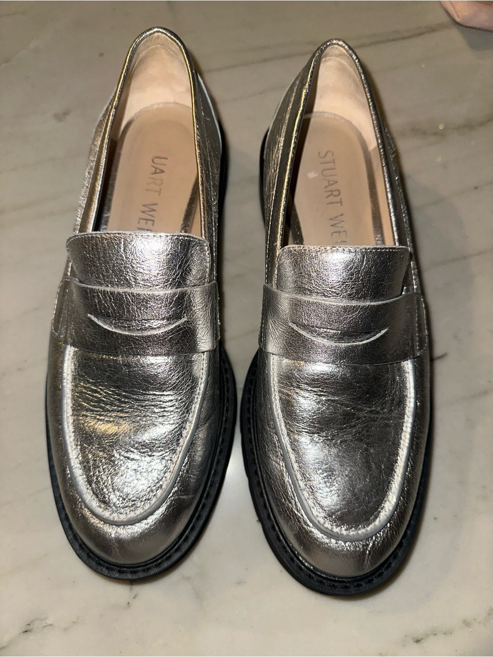 Stuart Weitzman Metallic Silver Penny Loafers